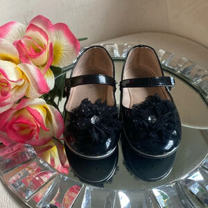 Black Patent Leather Mary Hanes With Embellished Mesh Flower 9M
